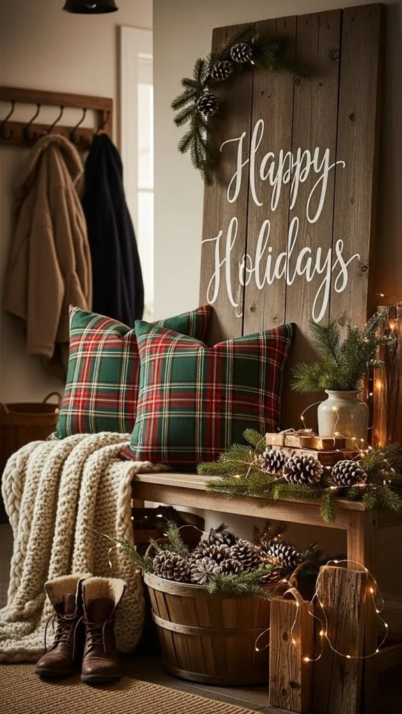 How to decorate Christmas entryway benches