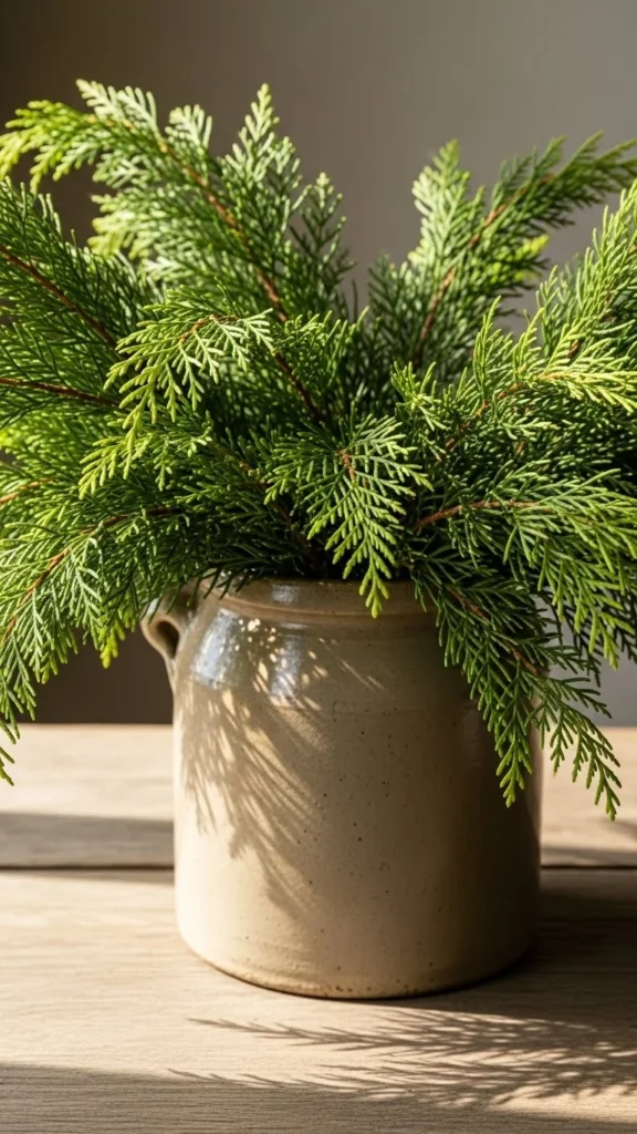 Cedar Branches in a Rustic Crock