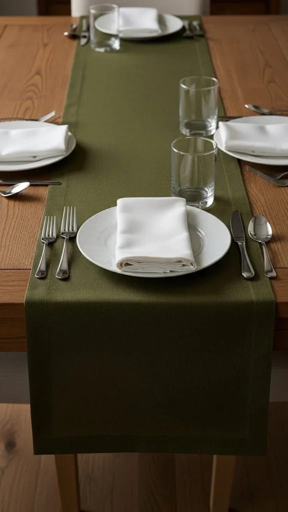 Dark Olive Table Runner With Hemmed Edges