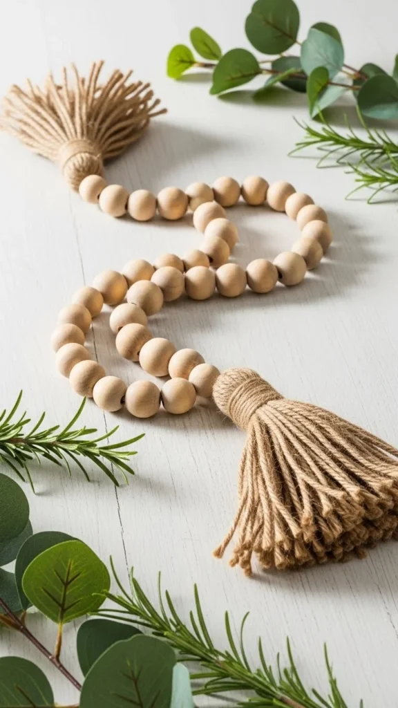 Farmhouse Neutral Beaded Garland With Jute Tassels