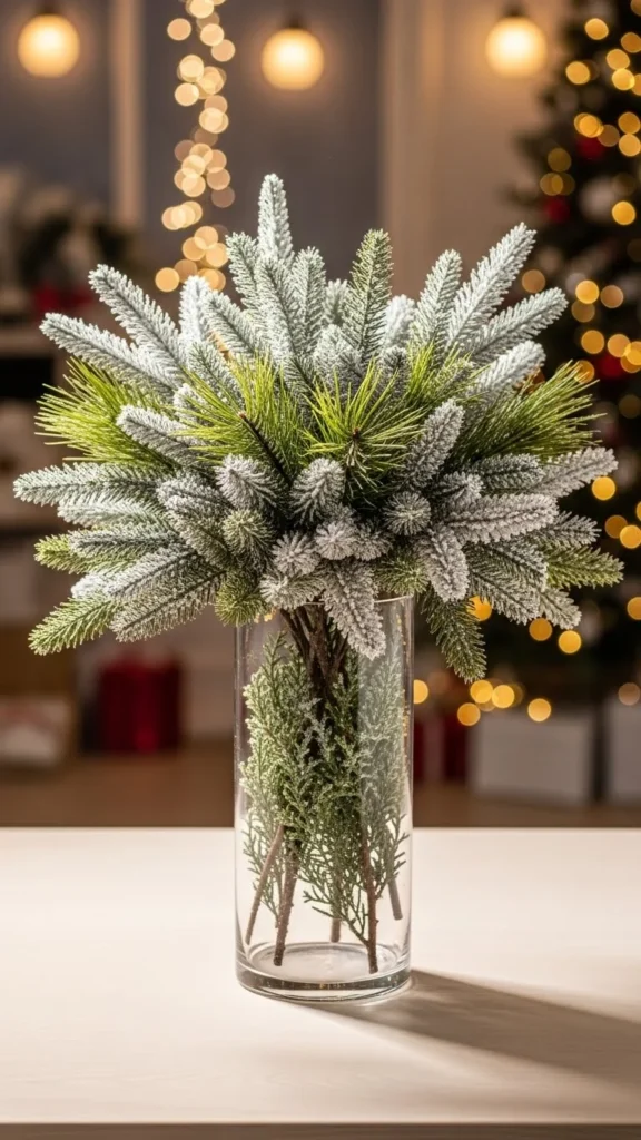Frosted Evergreen Stems in a Clear Cylinder