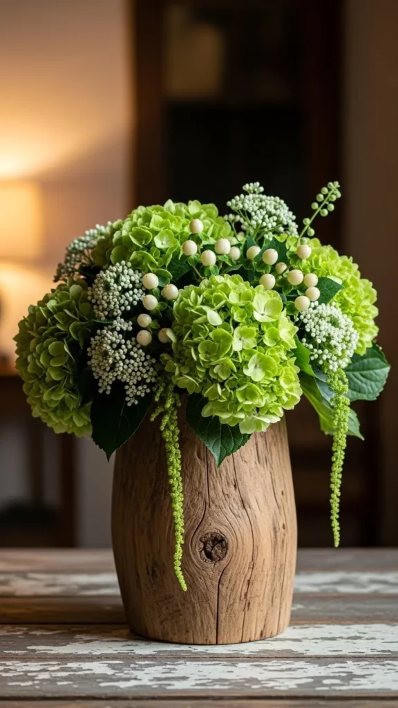 Green and White Blooms in a Wooden Vase