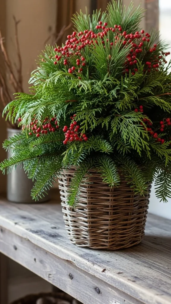 Mixed Holiday Greens in a Basket-Style Vase