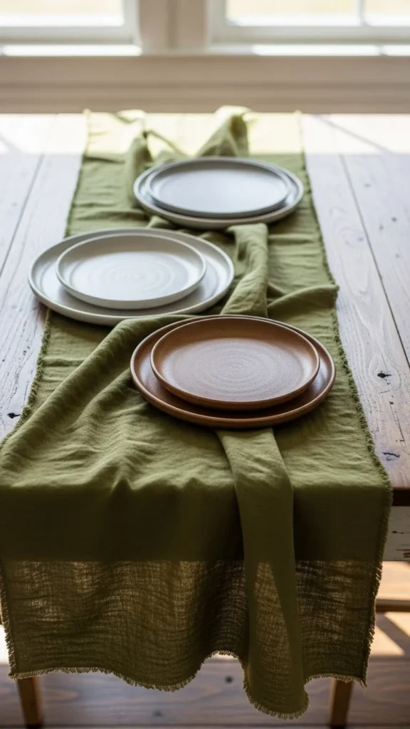 Olive Cotton Runner With Raw Edges