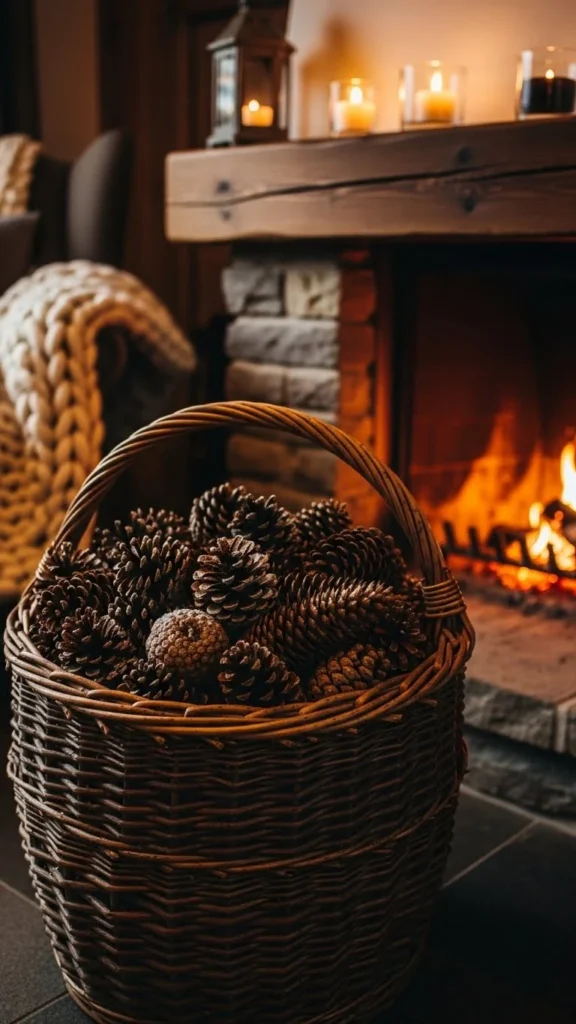 Pinecone Basket by the Fireplace