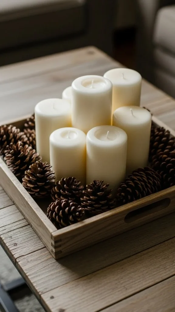 Pinecone and Candle Tray Display