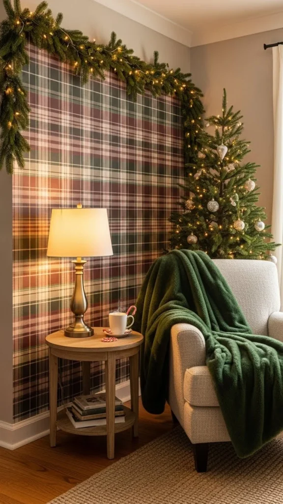 Plaid Accent Wall Using Temporary Wallpaper