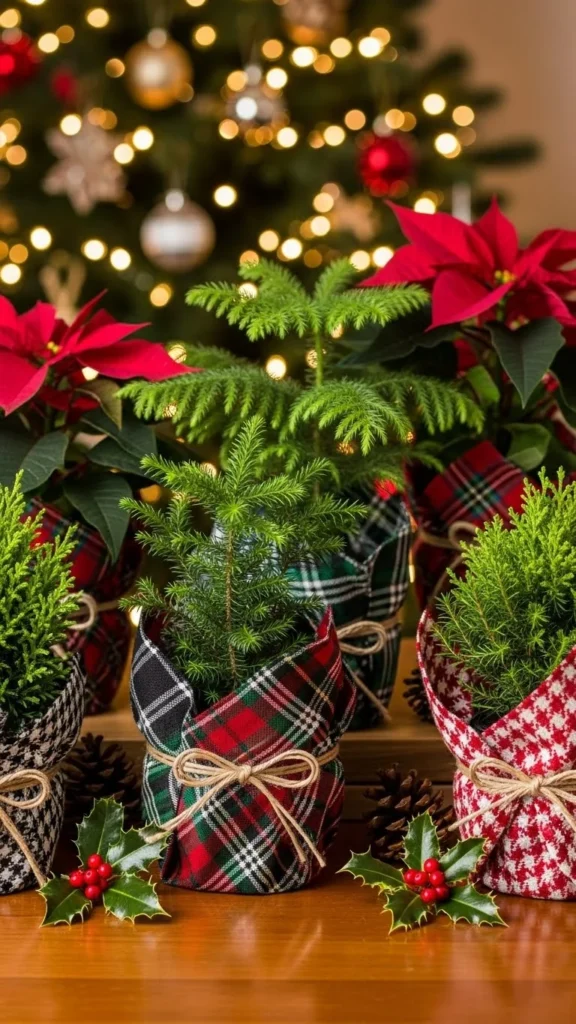 Plaid Fabric Wrapped Around Planters