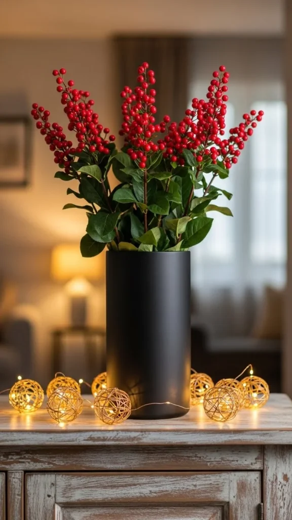 Red Berry Branches in a Matte Black Vase