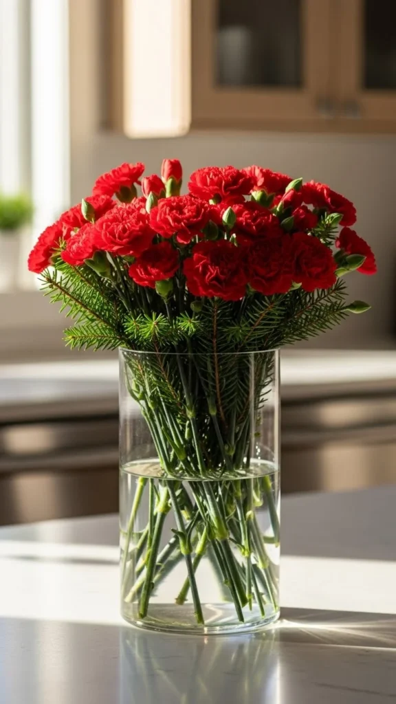 Red Carnations with Fir Trimmings