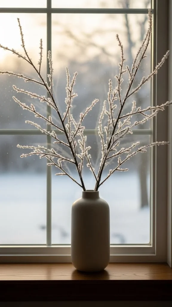 Snow-Dusted Branches in a White Vase