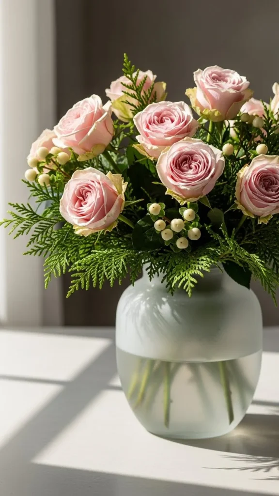 Soft Pink Roses with Cedar and White Berries