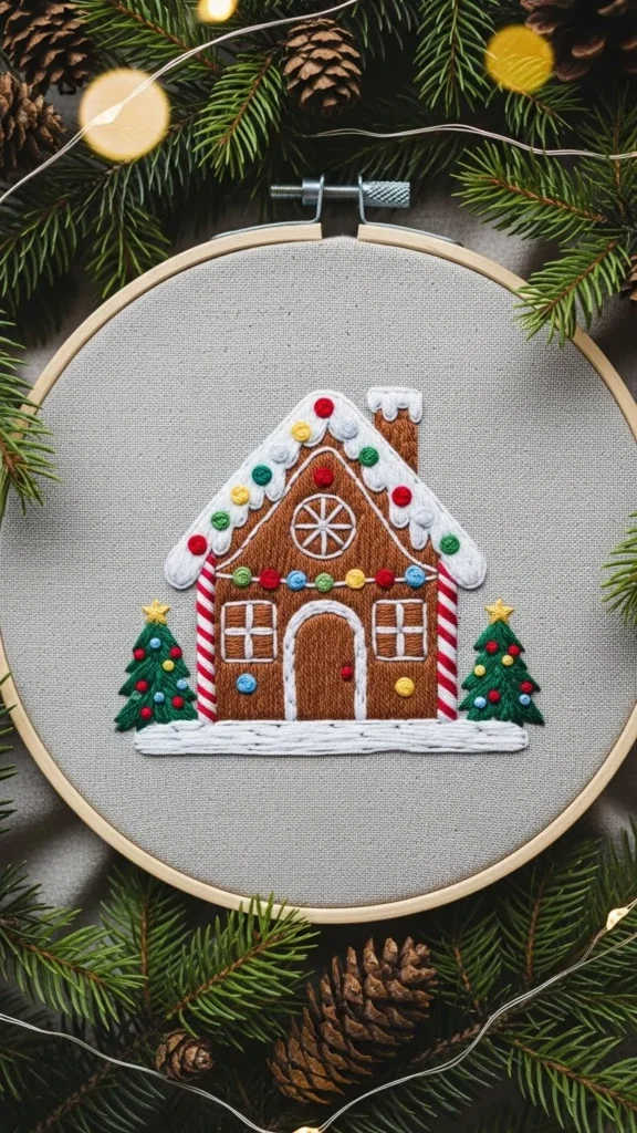 Stitched Gingerbread House Hoops