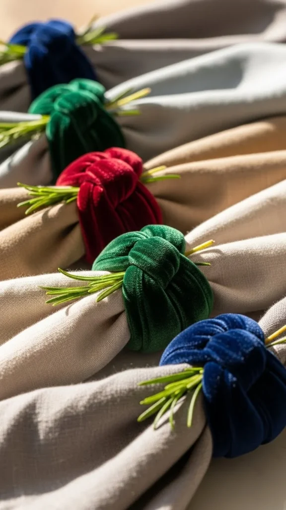 Velvet Napkin Rings With Simple Greens