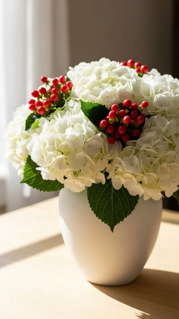 White Hydrangeas with Red Berry Accents