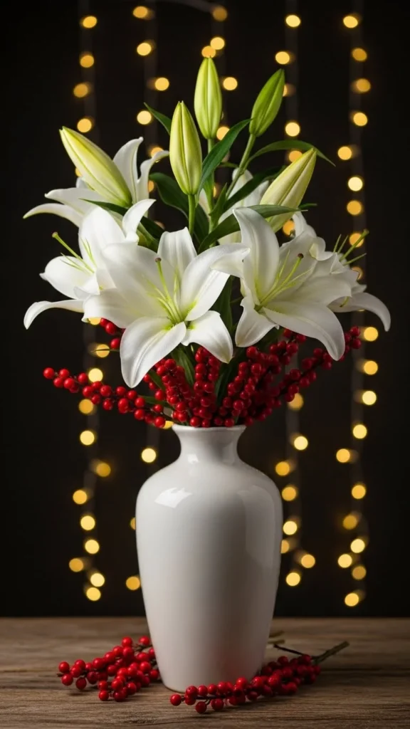 White Lilies with Red Winter Berries
