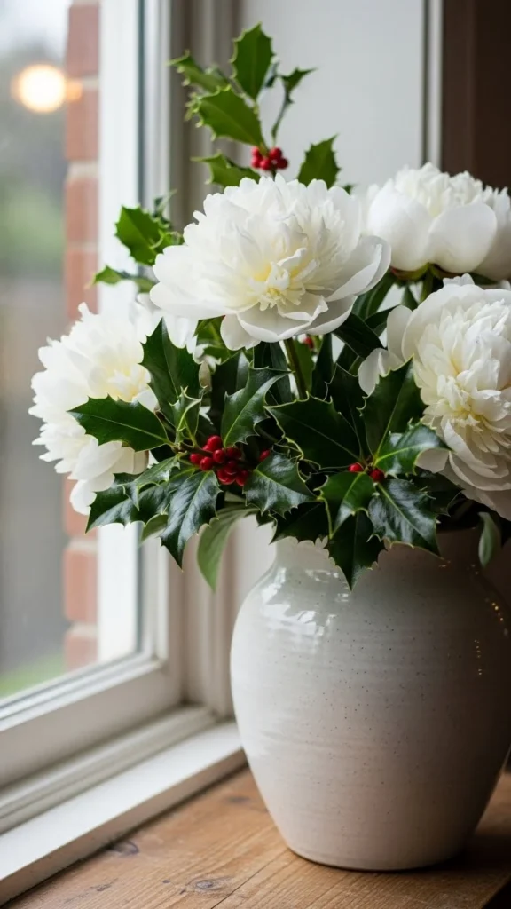 White Peonies with Holly Leaves