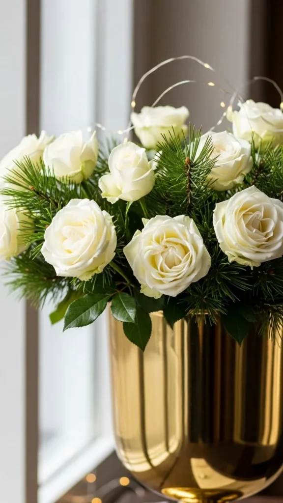 White Roses and Pine Sprigs in a Gold Vase