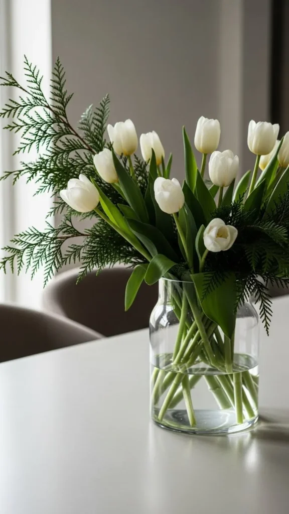White Tulips with Cedar Branches