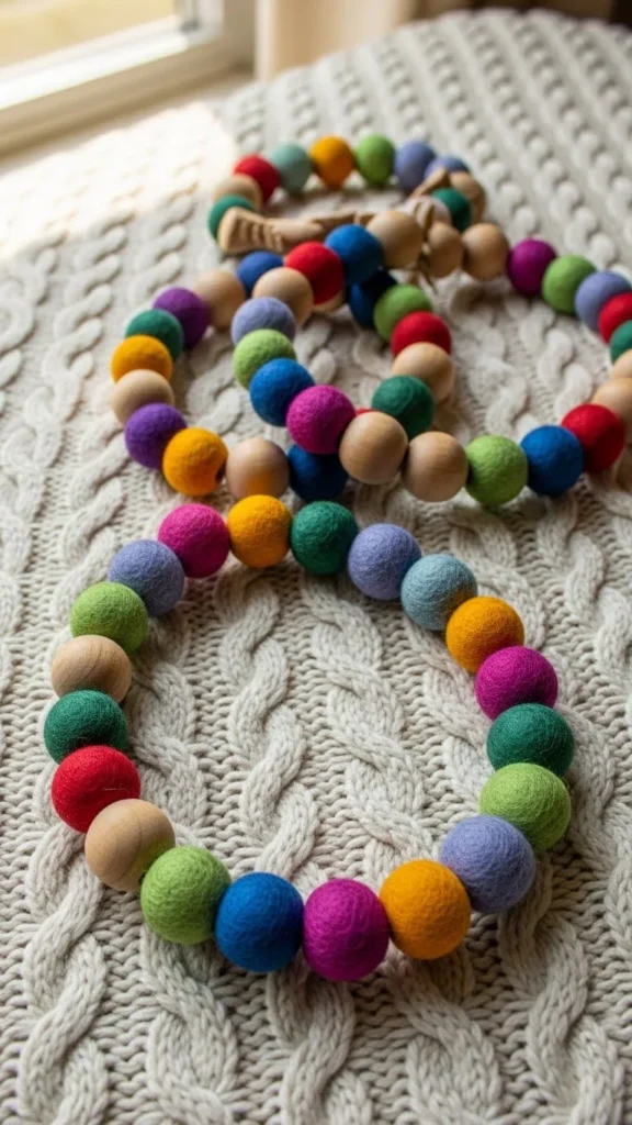 Wood Bead Garland With Felted Wool Balls