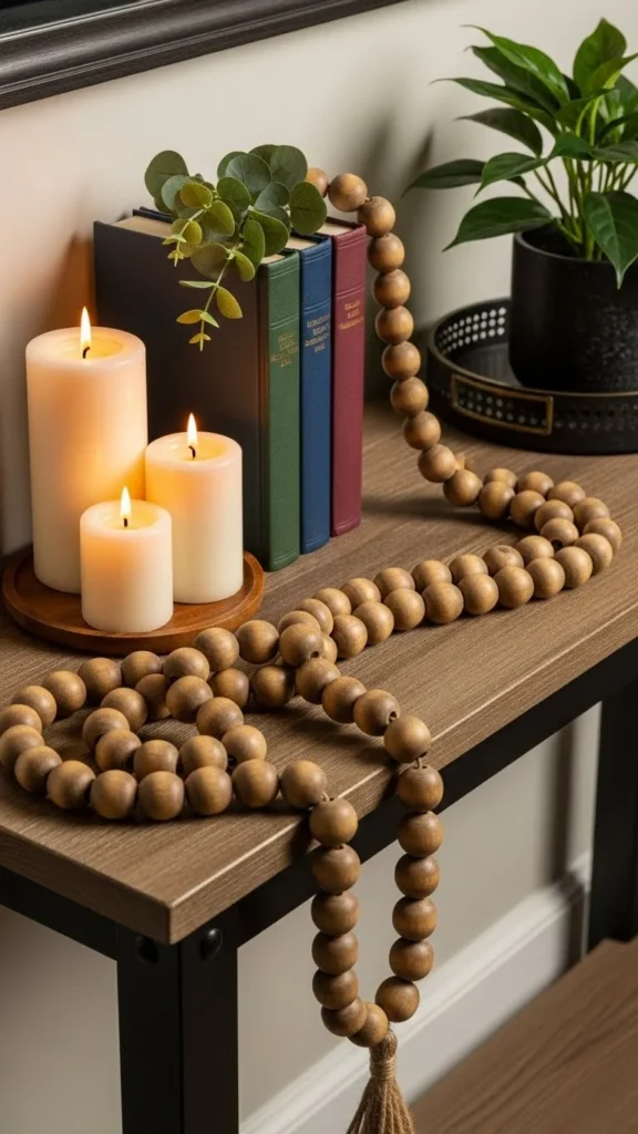 Wood Bead Garland on a Console Table