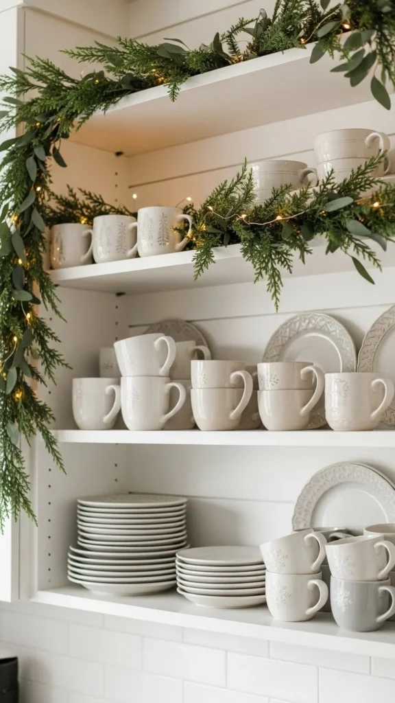 Add Holiday Touches to Open Shelves and Cabinets
