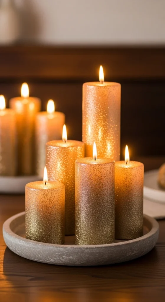 Champagne-Toned Pillar Glitter Candles