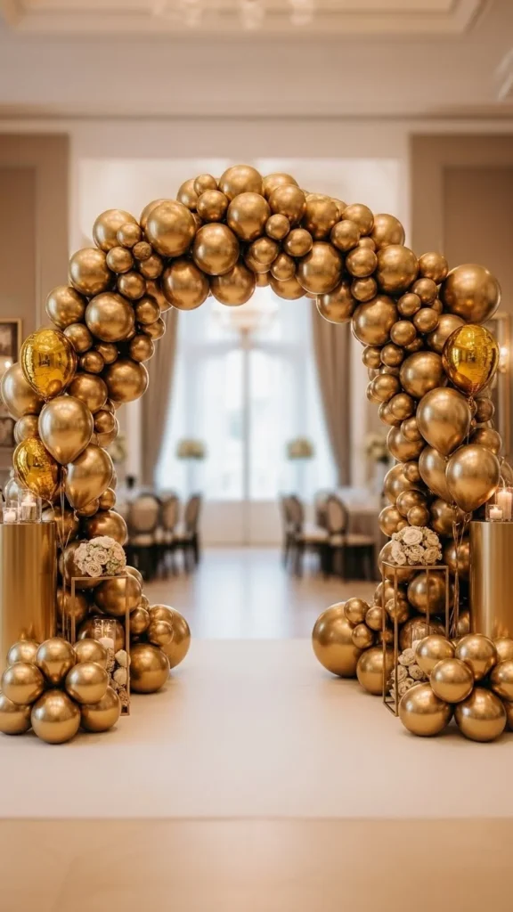 Gold Balloon Arch With Floor Clusters