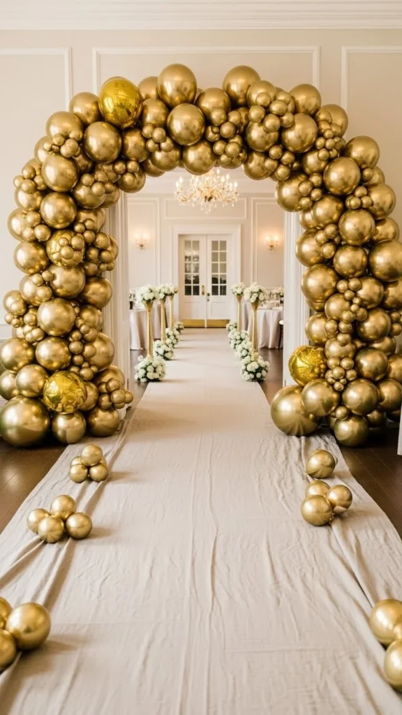 Gold Balloon Arch With Neutral Floor Runner