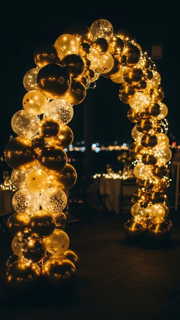 Gold Balloon Arch With Soft Lighting