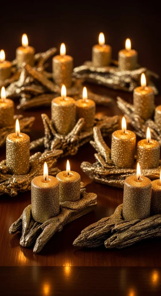 Gold Glitter Driftwood Candle Bases