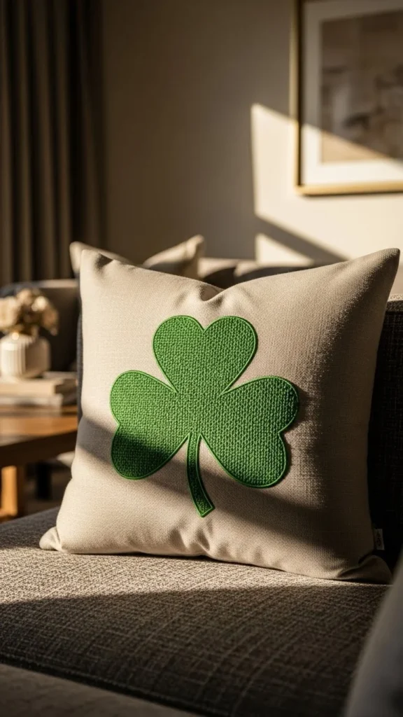 Neutral Shamrock Pillow with Green Stitching