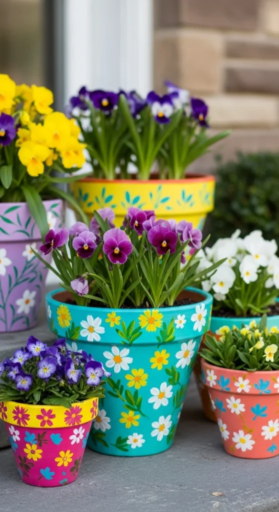 Painted Clay Pots With Seasonal Blooms