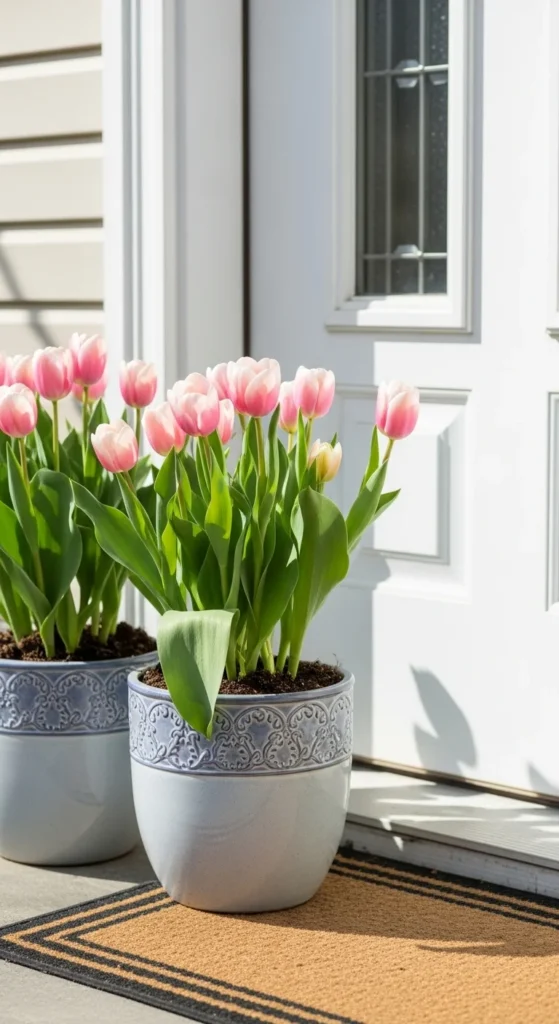 Potted Tulips by the Entry Door
