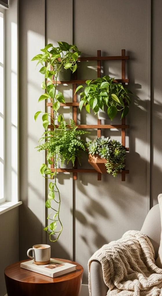 Wall-Mounted Trellis With Indoor Plants