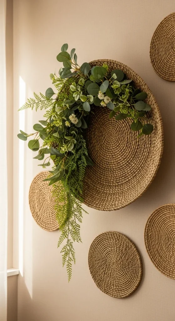 Woven Basket Wall Hangings With Faux Greenery
