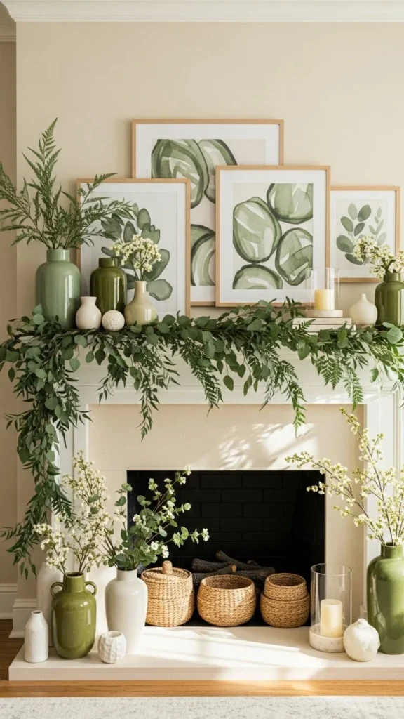 green mantel decor