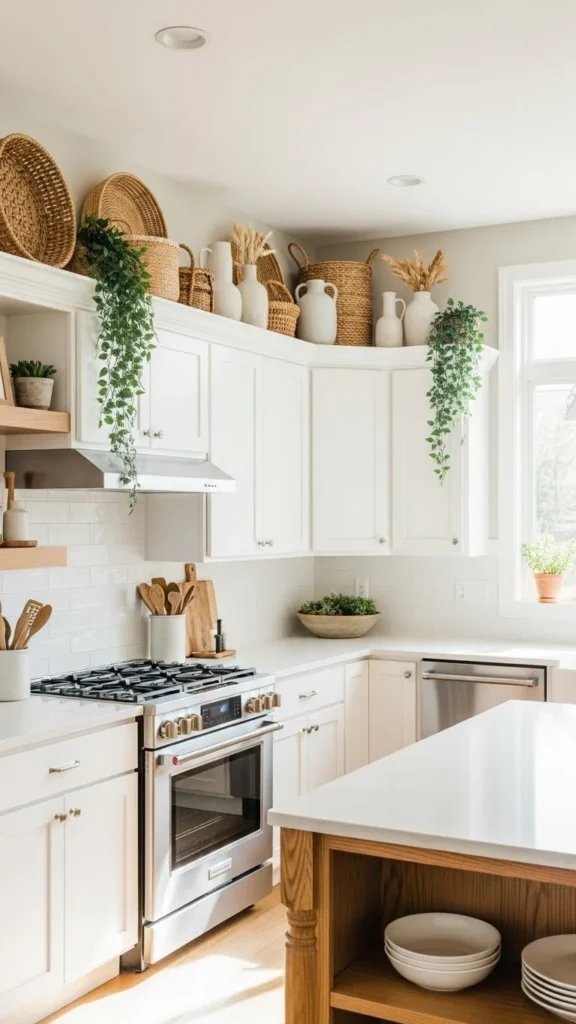 how to decorate above kitchen cabinets