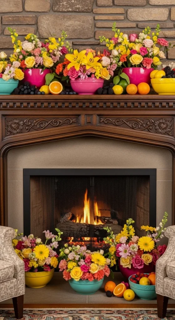 Colorful Spring Bowls on the Mantel