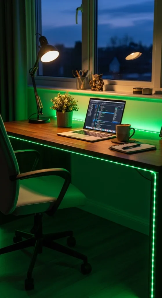 Green Fairy Lights Along Desk Edges