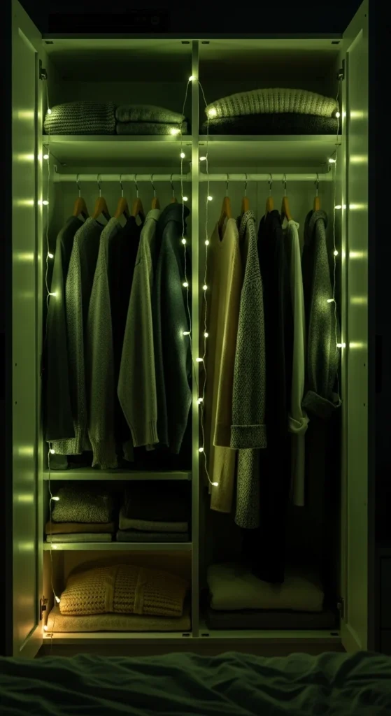 Green Fairy Lights Inside Open Wardrobes