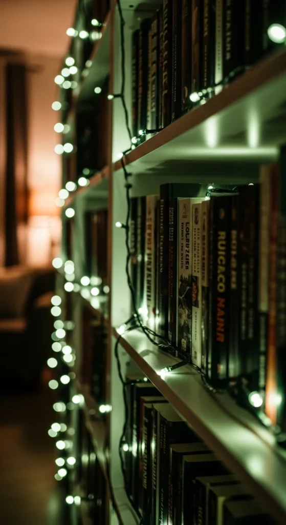 Green Fairy Lights in Bookshelves