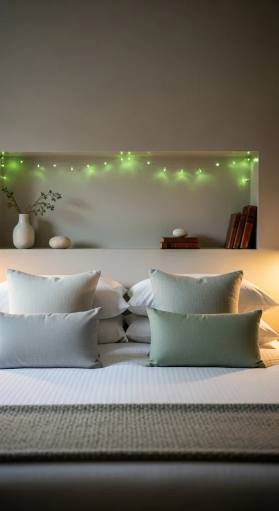 Green Fairy Lights in Headboard Niches