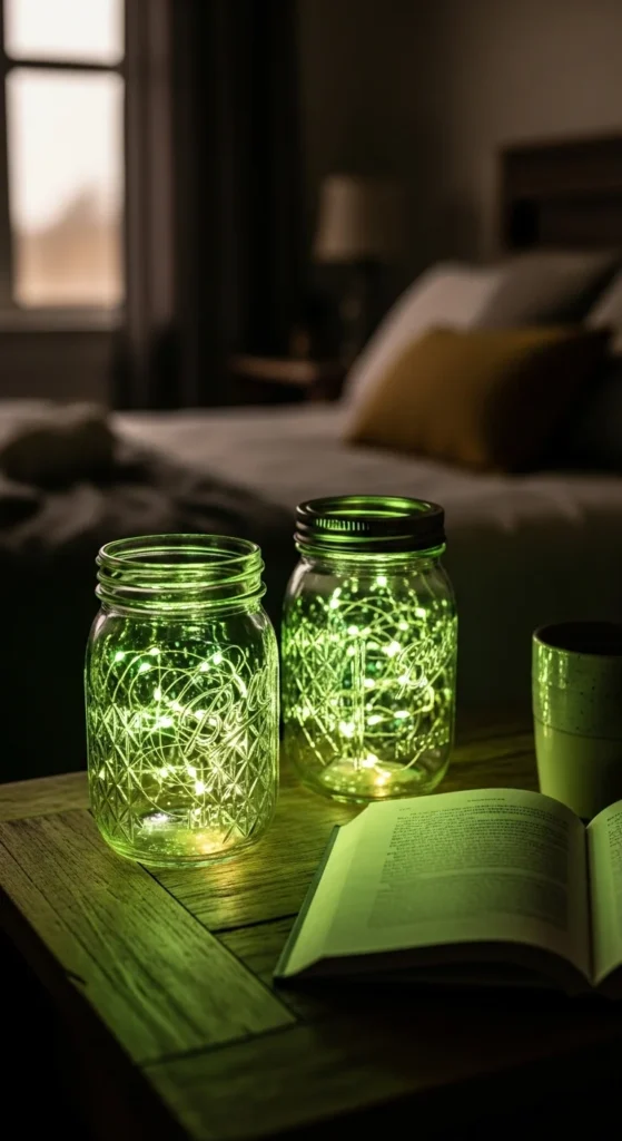 Green Fairy Lights in Mason Jars
