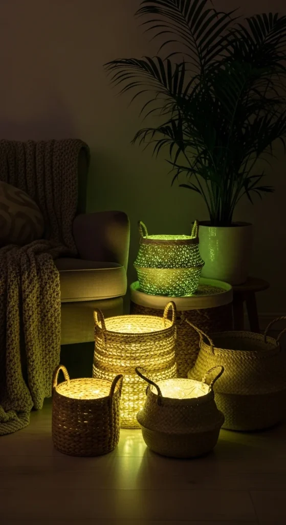 Green Fairy Lights in Storage Baskets
