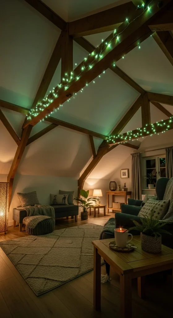 Green Fairy Lights on Ceiling Beams