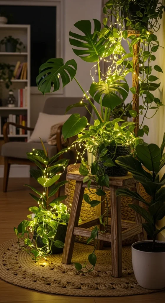 Green Fairy Lights with Hanging Plants