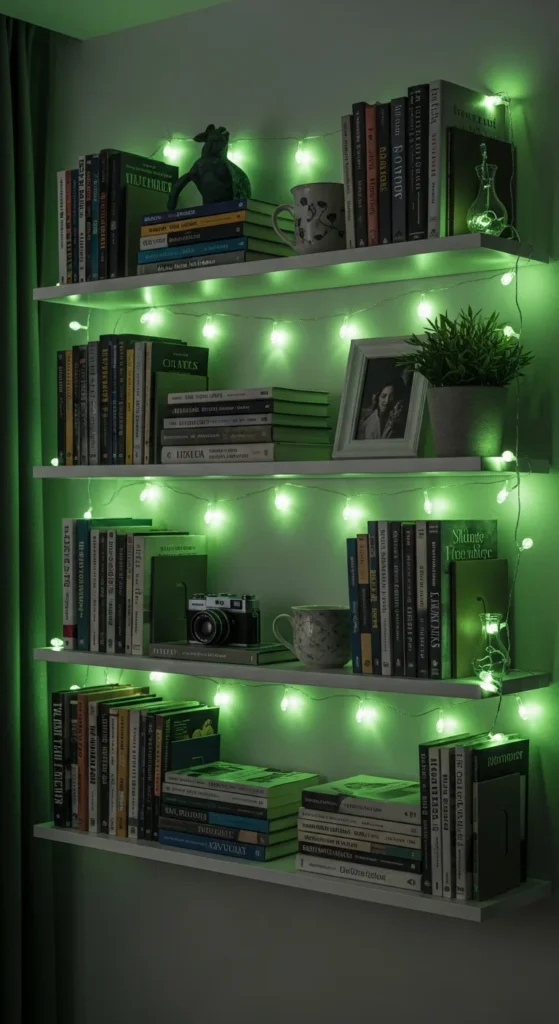 Green Lights Along Wall Shelves