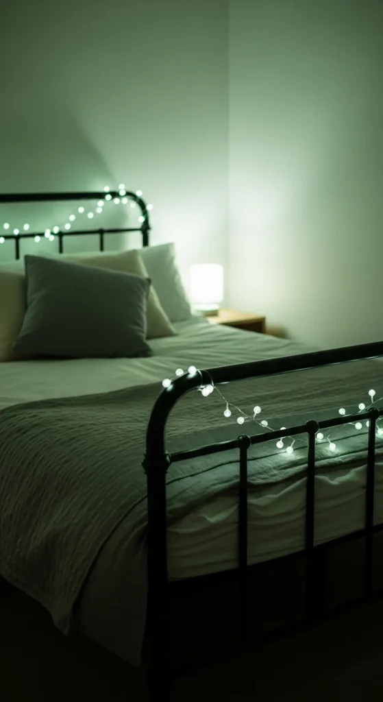 Green Lights Wrapped Around Bed Frames