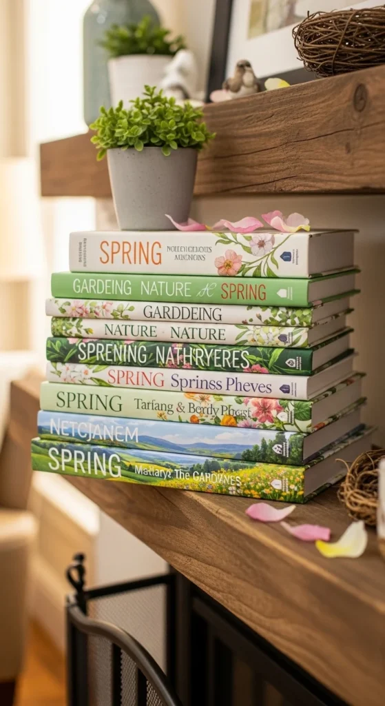Spring-Themed Books on the Mantel